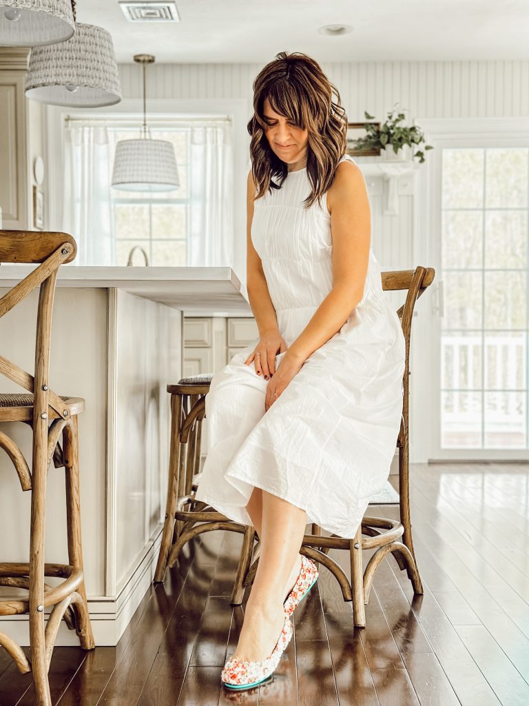 Rose Garden Tieks ballet flats on Heidi with a white summer dress. 