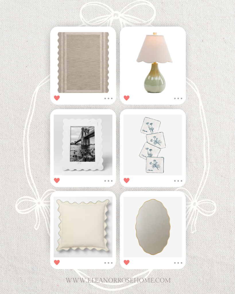 Scalloped edge home decor with a collage featuring an area rug, table lamp, picture frame, linen coasters, decorative pillow, and mirror.