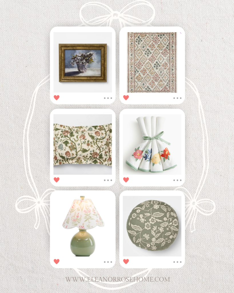 Spring home decor floral print finds include artwork, area rug, throw pillow, napkins, table lamp, and round decorative pillow.