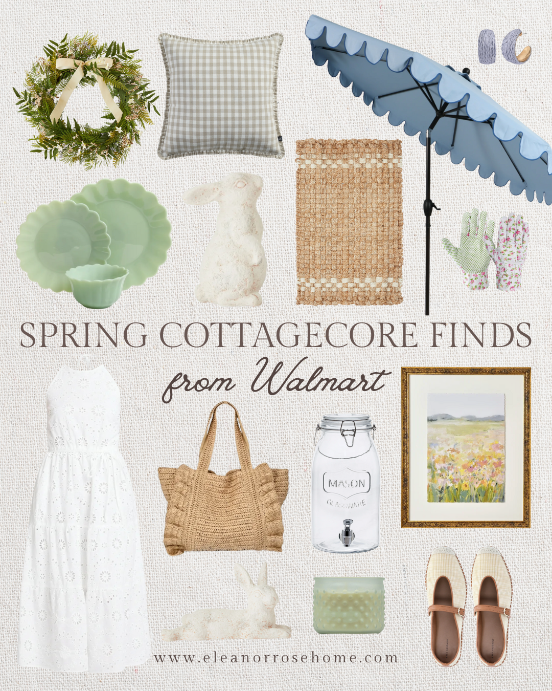 Collage of affordable and charming spring cottagecore finds from Walmart.