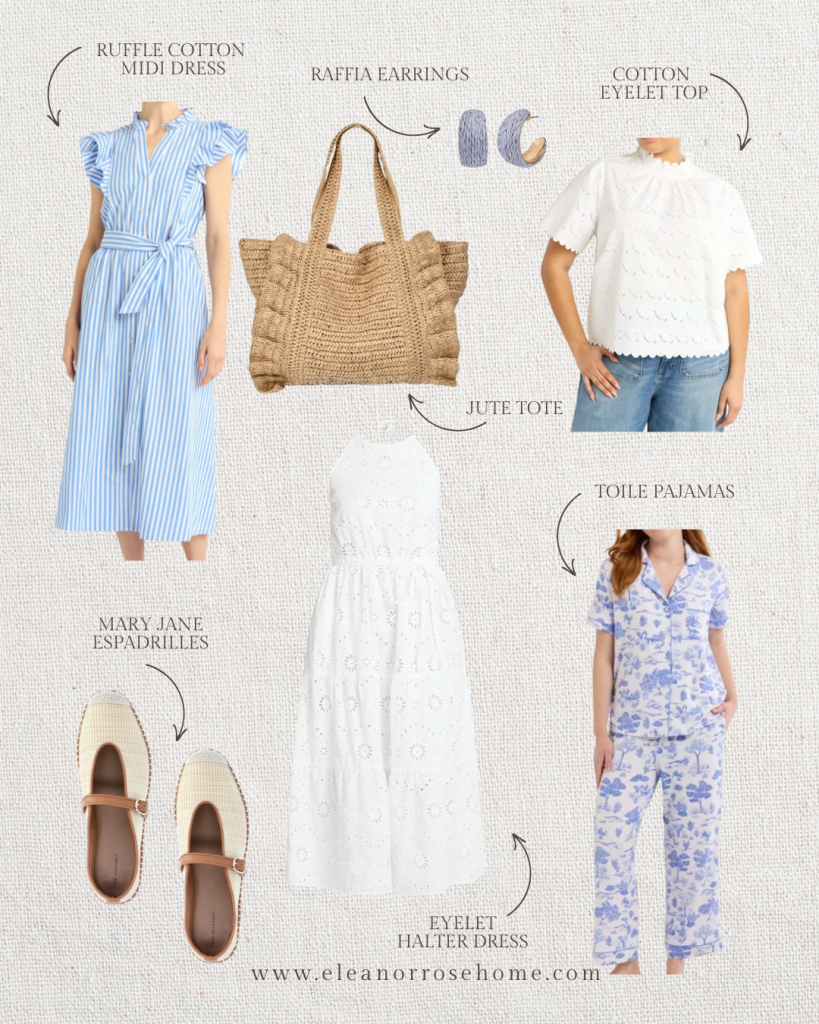 A few cottagecore apparel finds from Walmart are eyelet dresses, raffia handbag, espadrilles, and raffia earrings.