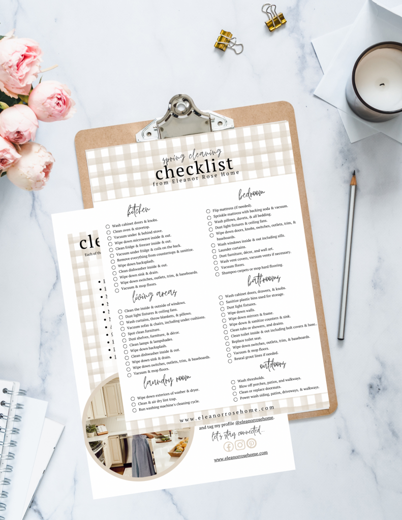 Spring cleaning checklist clipped onto a clipboard on a work surface.