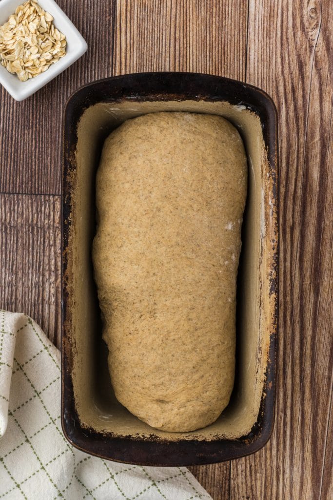 Loaf pan with Irish brown bread dough ready to go into the oven for baking.