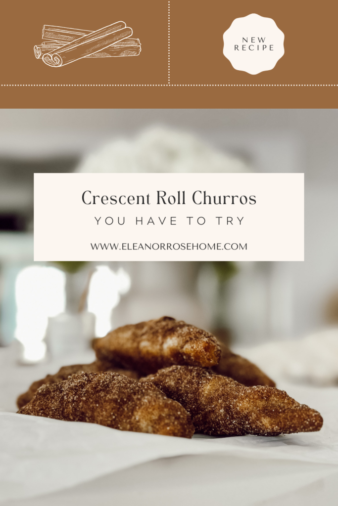Pinterest graphic with a picture of crescent rolls churros on parchment paper on kitchen countertop.