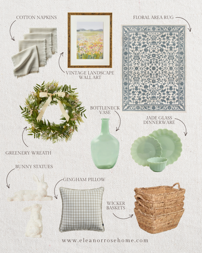 Spring cottagecore home decor from Walmart include cotton napkins, an area rug, wreath, baskets, dinnerware, vase, gingham pillow, and bunny statues.