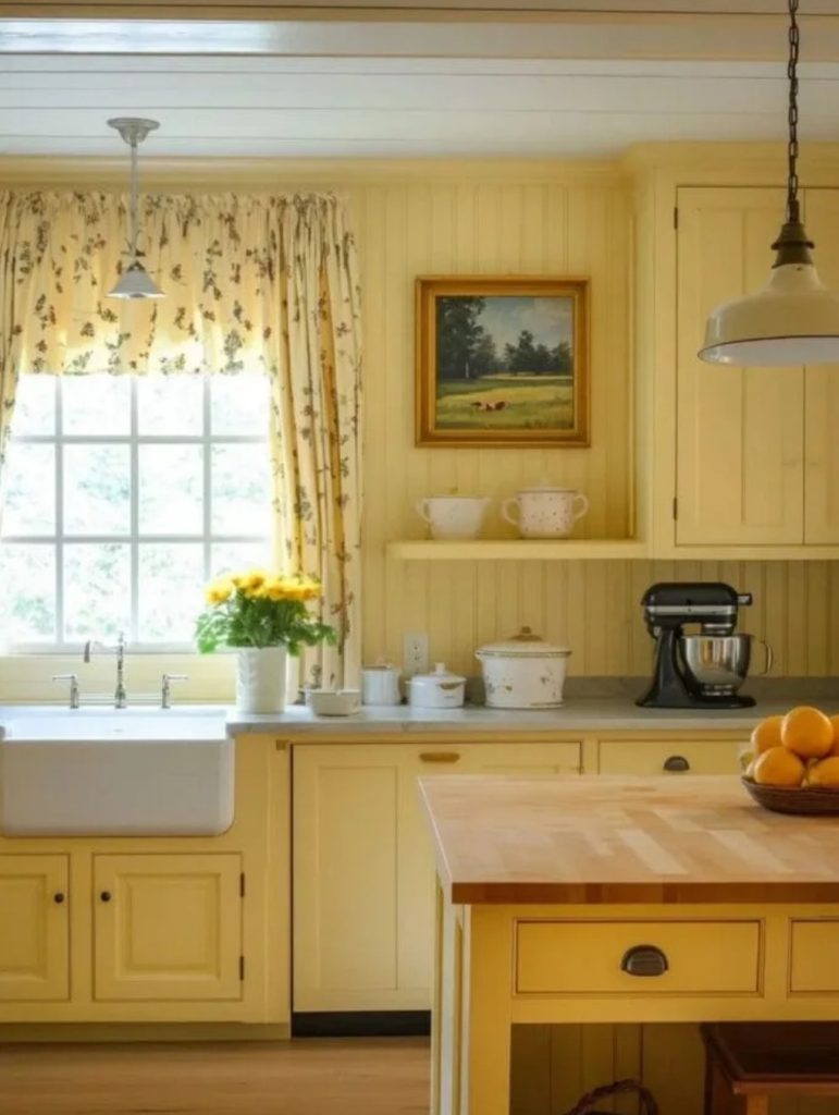 Butter yellow country kitchen with yellow cabinets, walls, and floral curtains.
