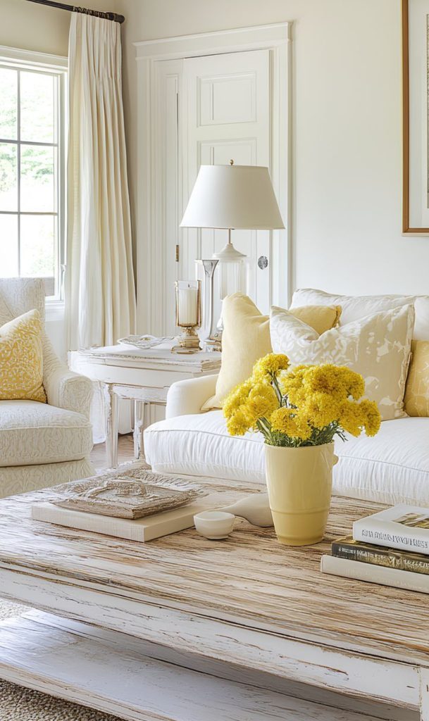 Home decor in shades of yellow in a cozy living room. Yellow vase with flowers on a coffee table and a white sofa with yellow throw pillows.