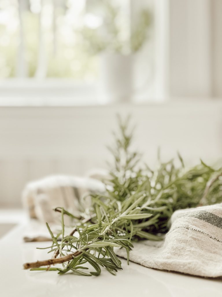 Fresh sprigs of rosemary on kitchen countertop with a linen dish towel and a cup of rosemary on the windowsill.