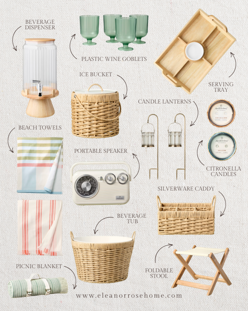 New outdoor entertaining essentials from Hearth and Hand at Target include beach towels, drink dispenser, picnic blanket, candles, and so much more.