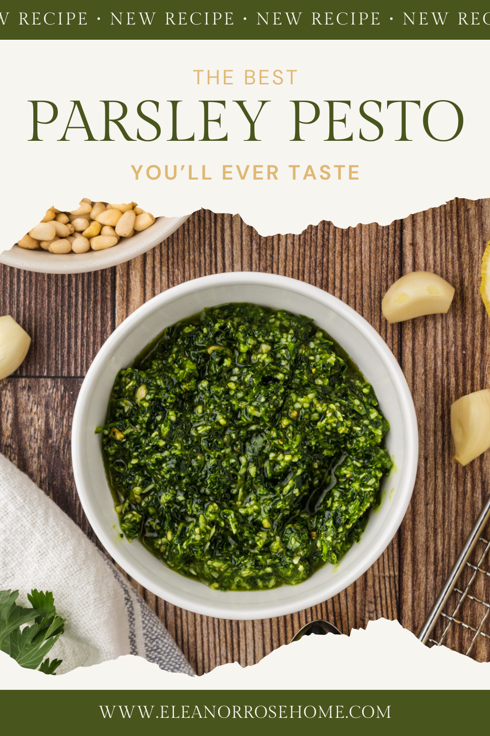 Pinterest graphic with a photo of the best parsley pesto you'll ever taste.