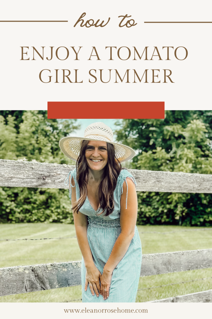 Pinterest graphic showing Heidi enjoying a tomato girl summer outside in a blue striped dress and straw hat.