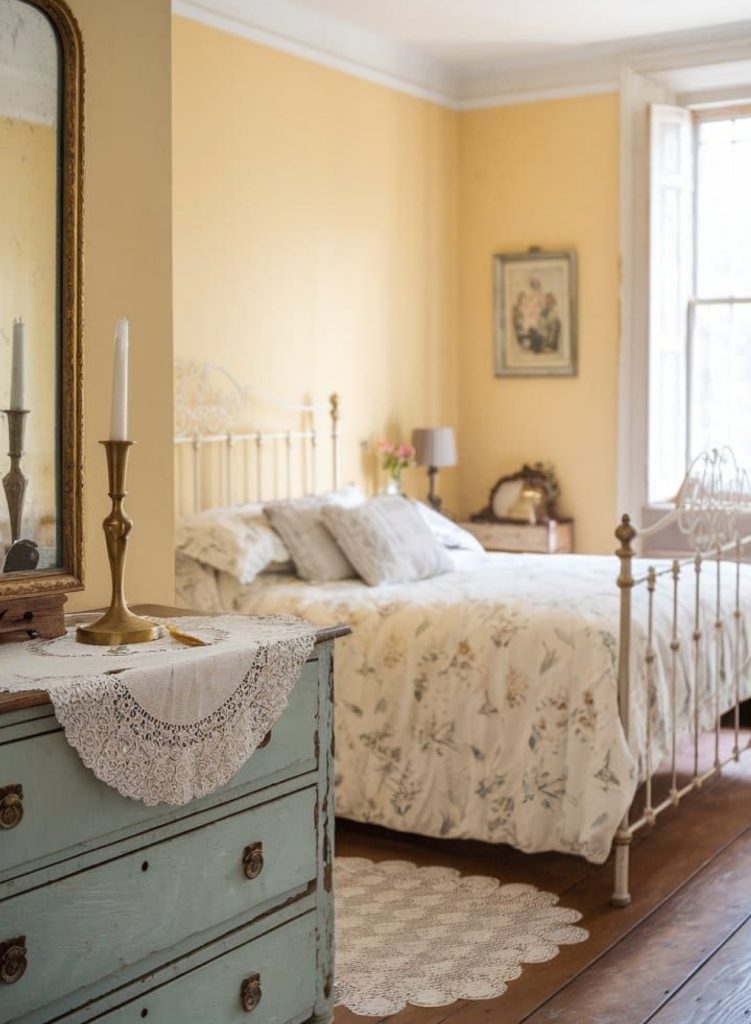 Yellow walls in country cottage bedroom with a floral comforter and teal painted dresser.