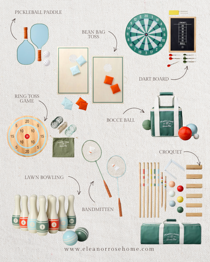 Yard games from the late spring Hearth and Hand collection include croquet, bocce ball, lawn bowling, badminton, darts, ring toss, bean bag toss, and pickle ball.