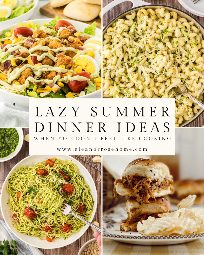 Pinterest graphic with 4 recipes that are simple and easy to make for summer supper including a salad, zucchini pasta, pesto pasta, and BBQ pulled pork sliders.