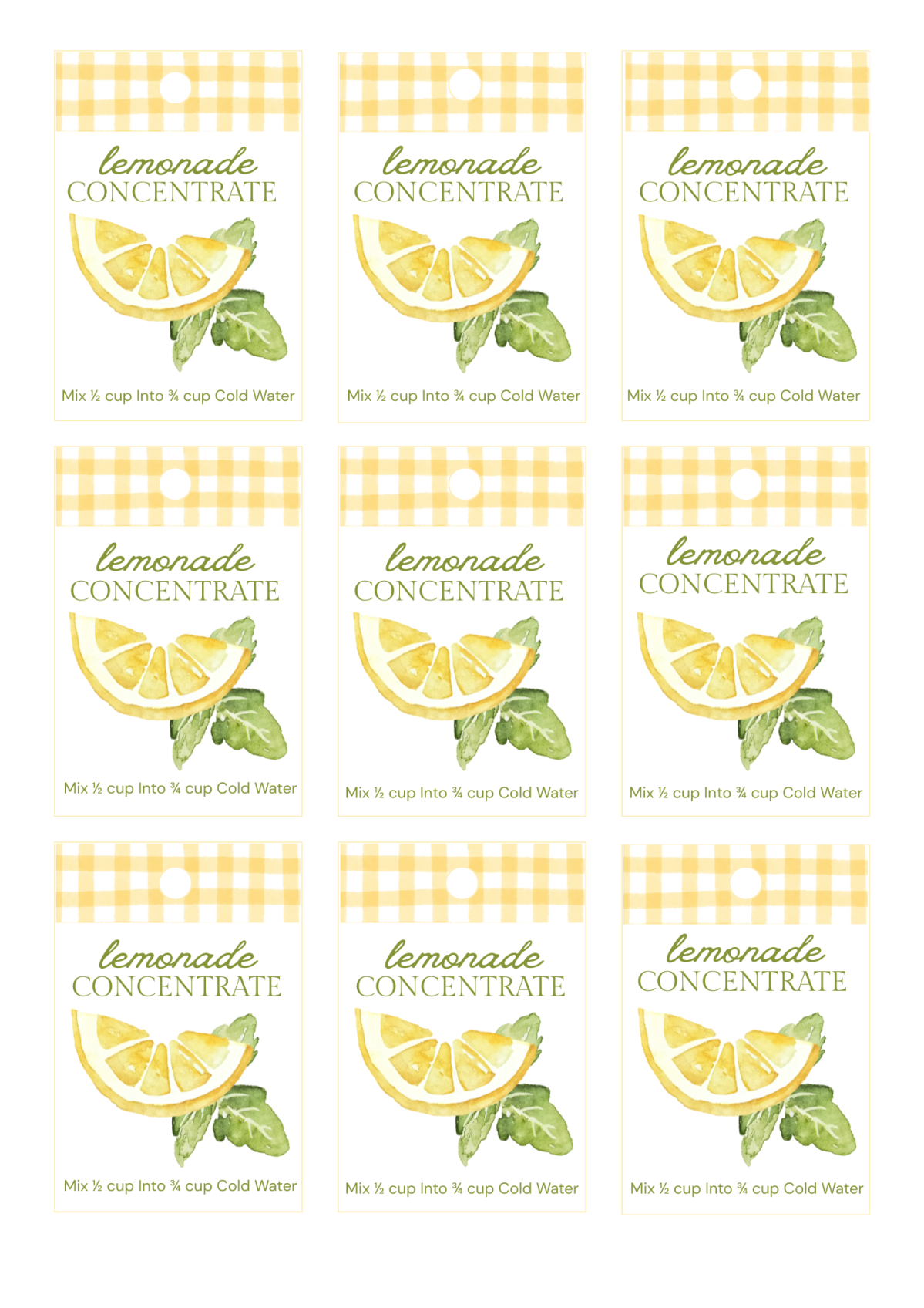 Yellow gingham lemonade concentrate gift tags for gift giving.