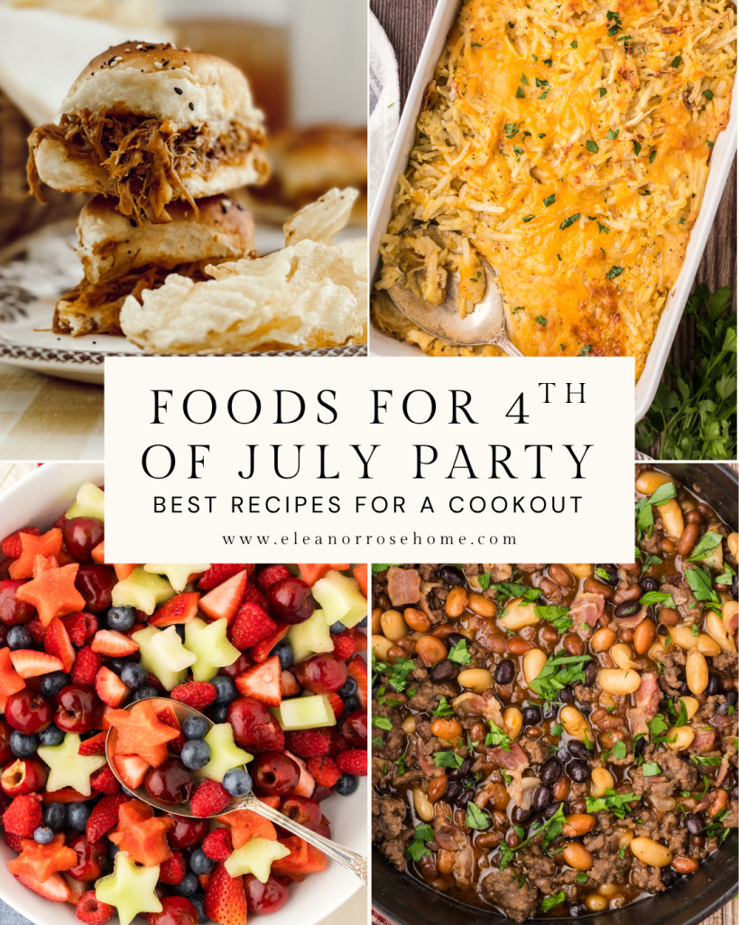 Best recipes for a summer cookout include pulled pork sliders, hashbrown casserole, fruit salad, and calico baked beans. Food for 4th of July party.