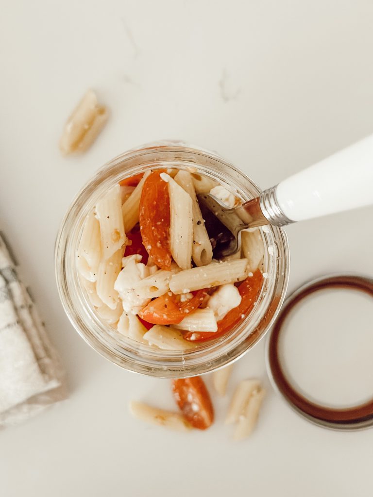 Easy and quick pasta salad recipe with fresh veggies, penne pasta, and feta cheese.
