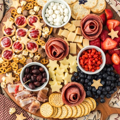 Fourth of July Charcuterie board for July parties or Memorial Day with patriotic colors.