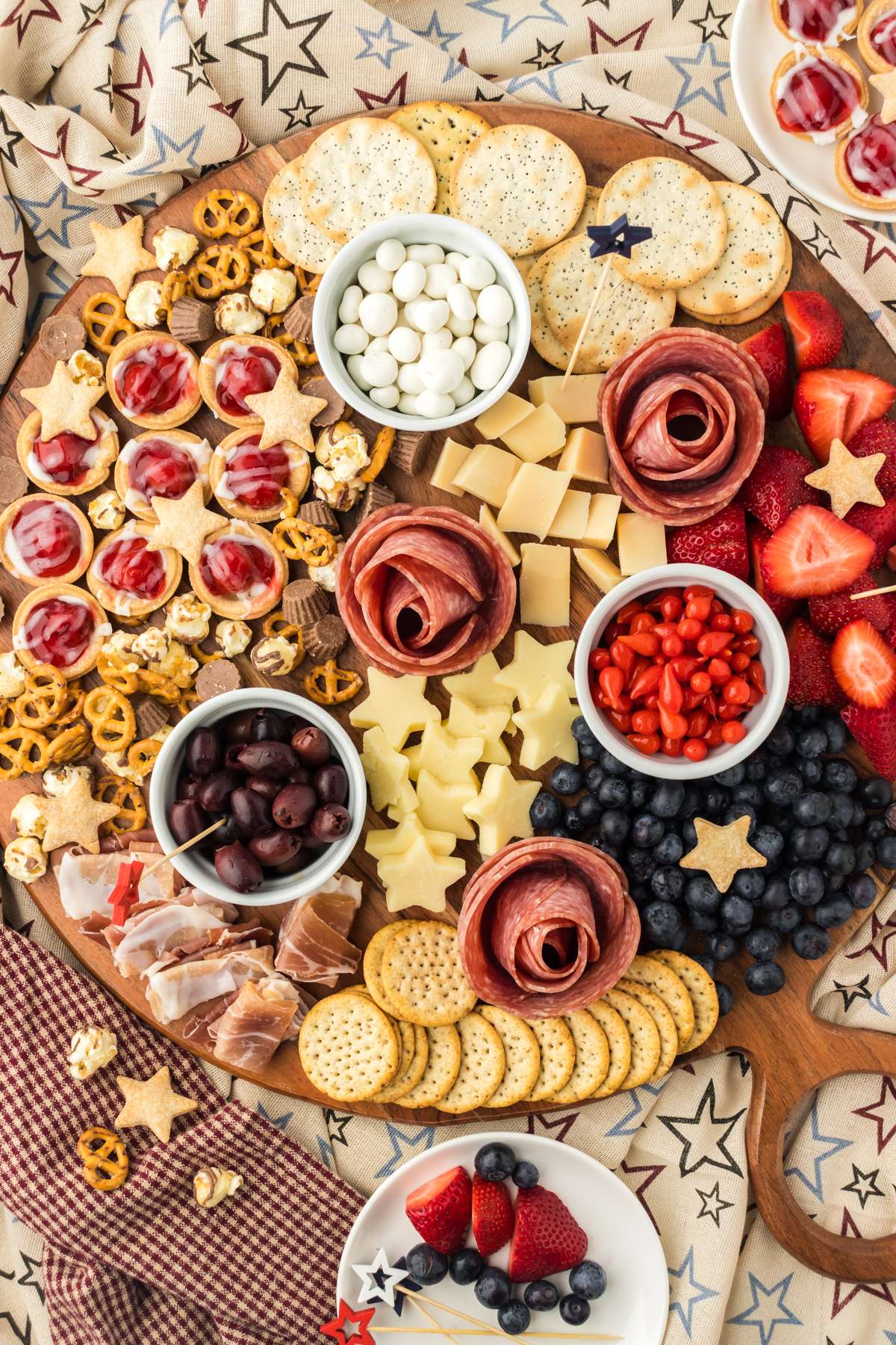 Fourth of July Charcuterie board for July parties or Memorial Day with patriotic colors.