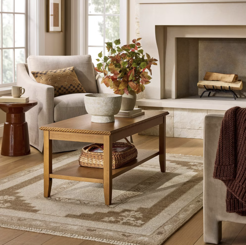 New Studio McGee home decor collection at Target featuring area rugs, wooden furniture, vases, faux florals, and throw blankets.