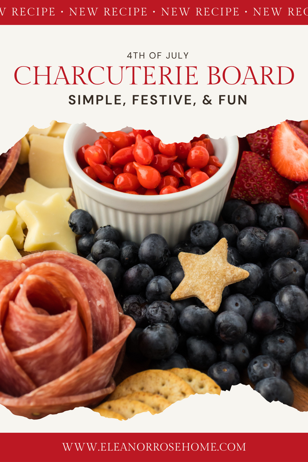 Pinterest graphic with 4th of July charcuterie board that's simple, festive, and fun.