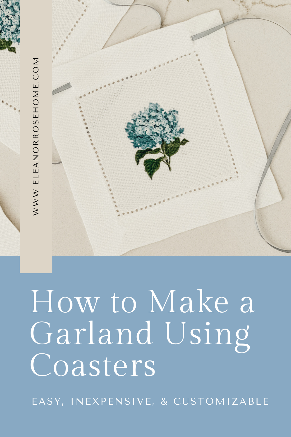 Pinterest graphic on how to make a homemade garland using fabric coasters.