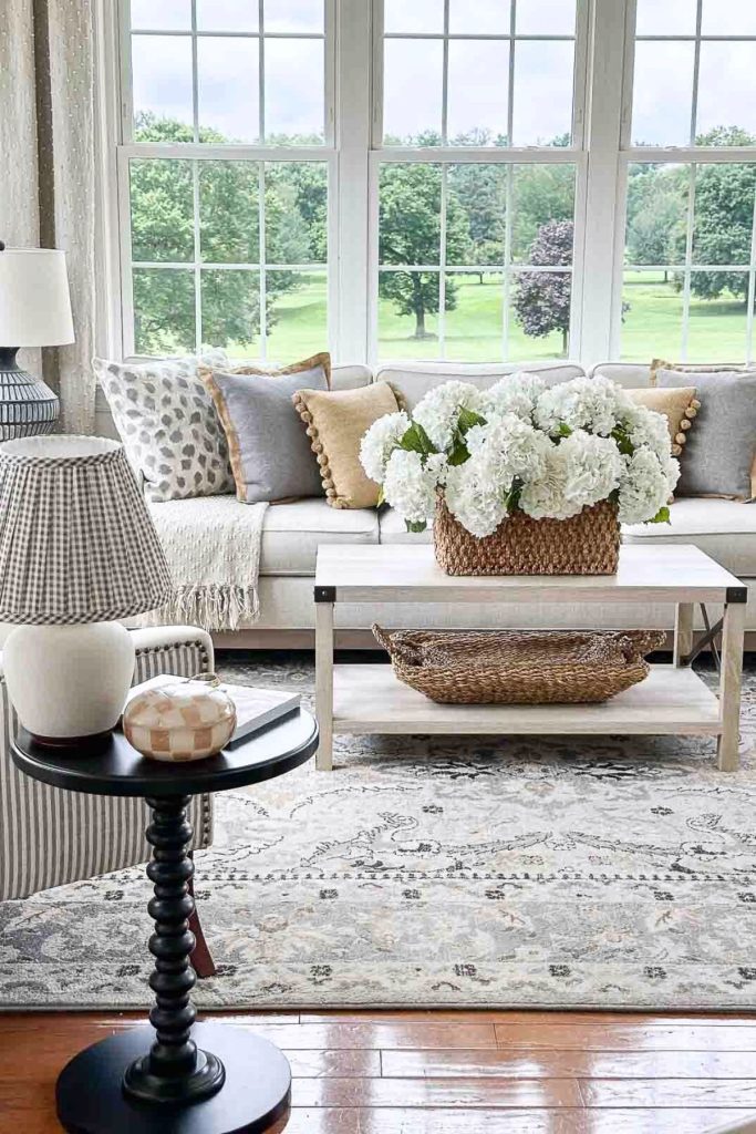 Weekly Wednesday Wish List #214 StoneGable Blog living room with neutral colors and a basket full of white hydrangeas.