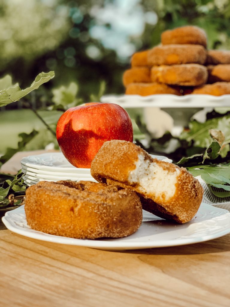 Apple cider doughnuts and fresh apples on a wooden table to make an apple cider drink station.