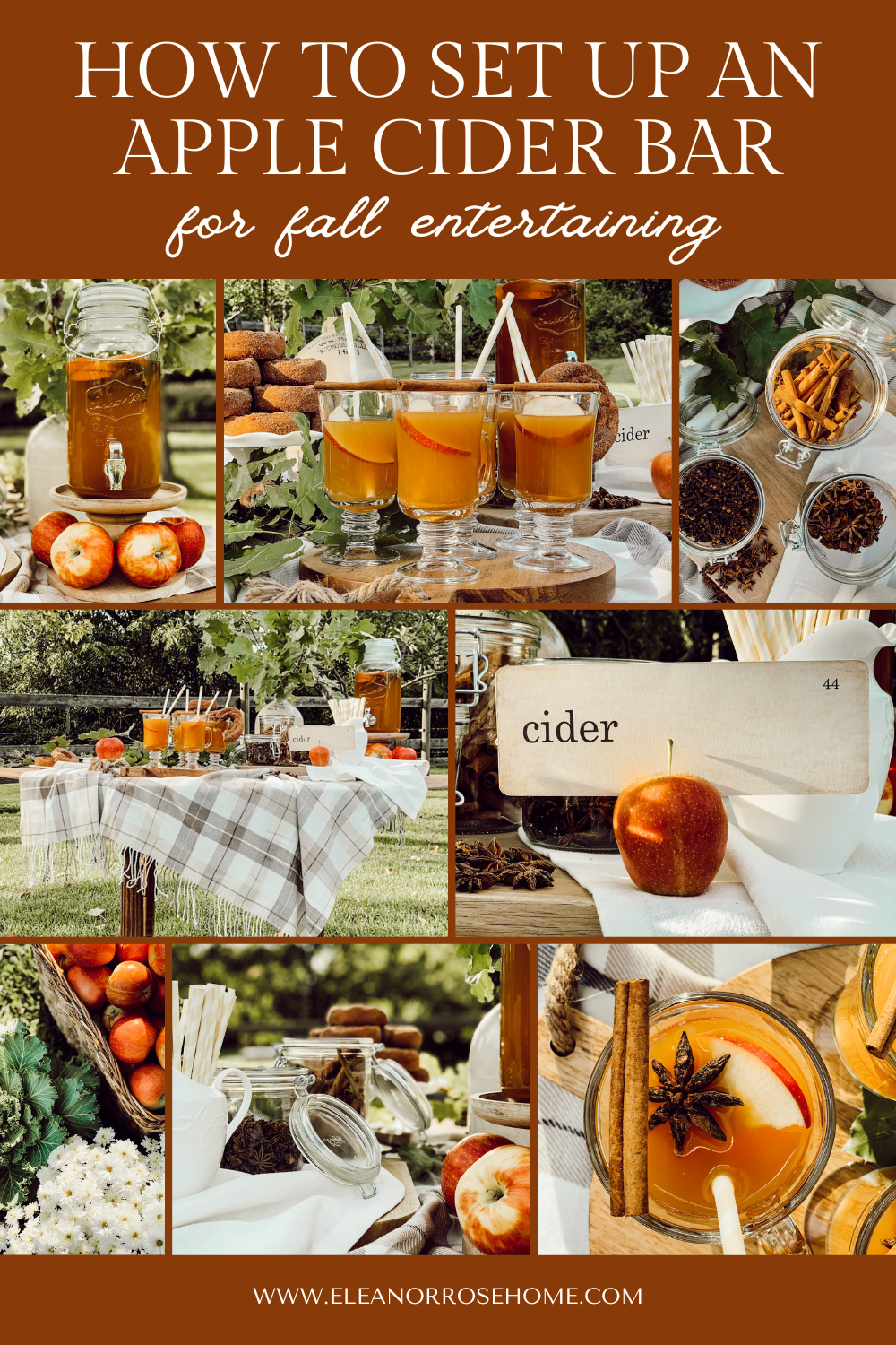 Pinterest graphic with a collage on how to set up an apple cider bar for fall entertaining.