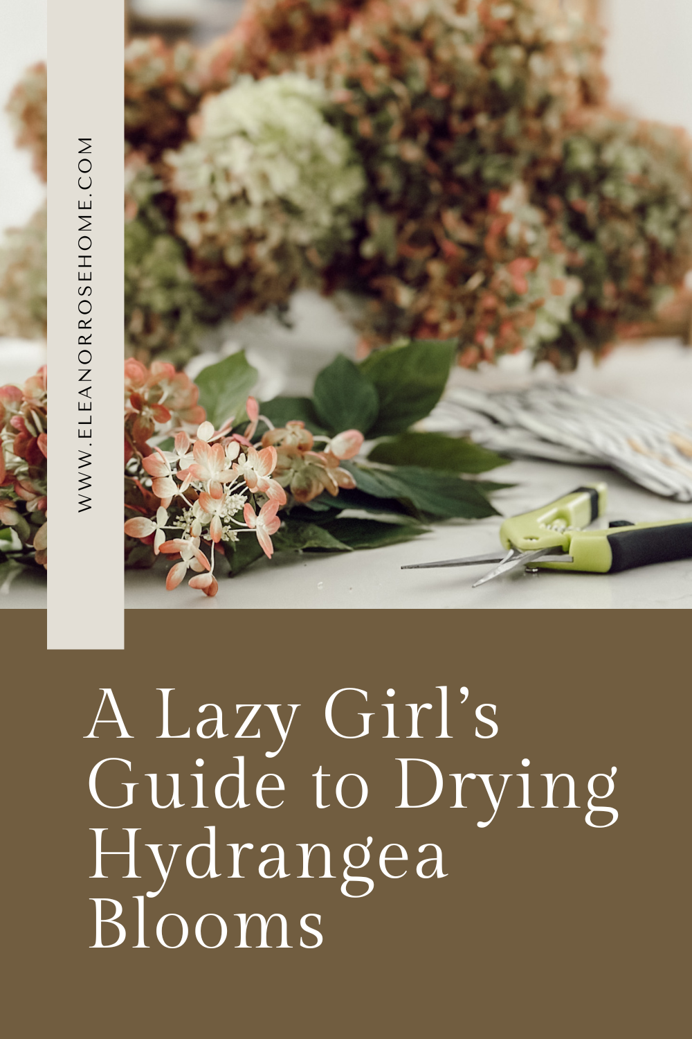 Pinterest graphic lazy girl's guide to drying hydrangea flowers.