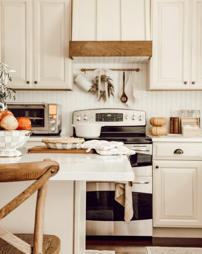 Weekly Wednesday Wish List 216 Eleanor Rose Home kitchen decorated for fall with a bowl of apples and apple pie on the kitchen countertop.