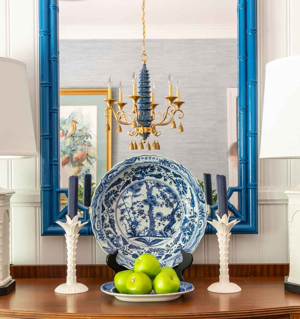 Weekly Wednesday Wish List #216 Worthing Court console table with bright blue and green home decor accents.