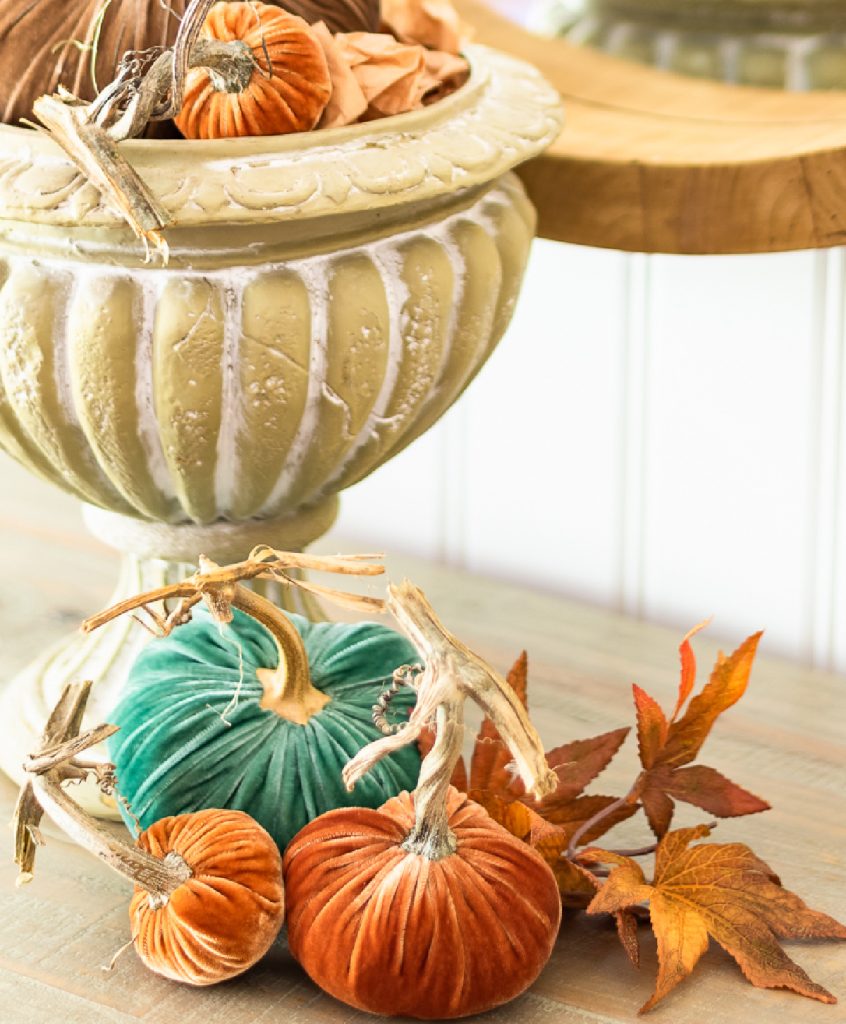 Weekly Wednesday Wish List #219 Worthing Court gold urn with velvet pumpkins pumpkins inside and around.