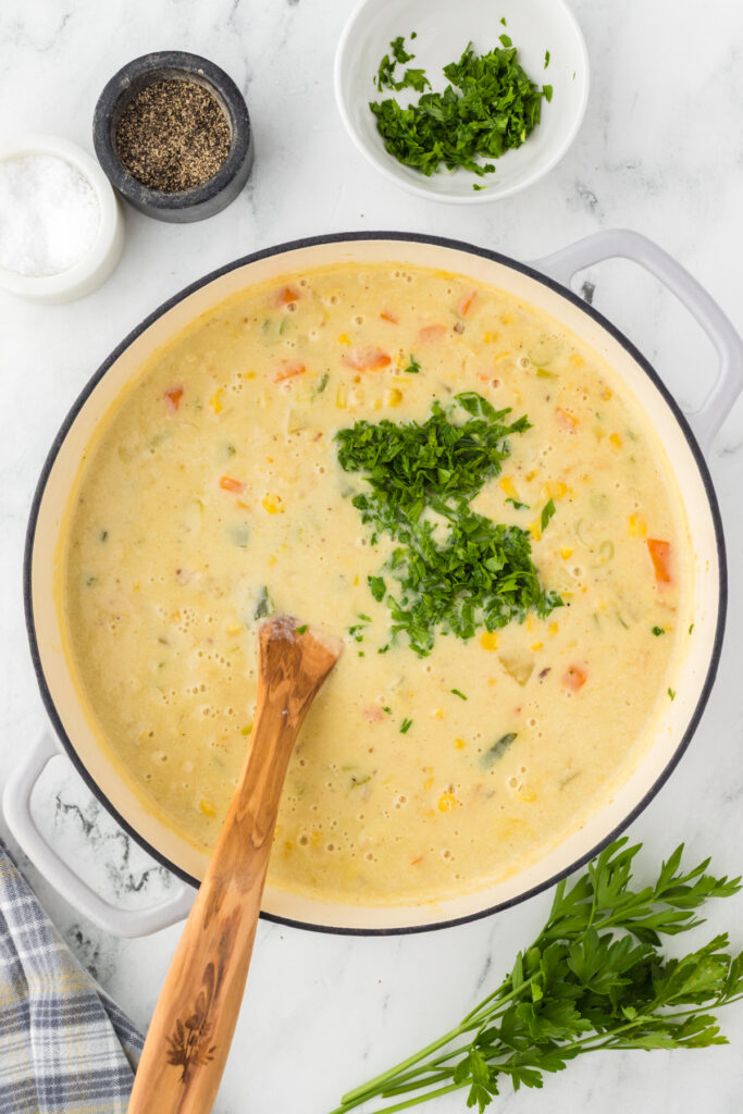 Chopped fresh parsley added to the corn chowder for a pop of freshness.