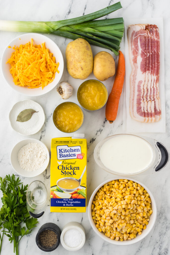 The simple ingredients you'll need to make corn chowder that you can find at the grocery store.