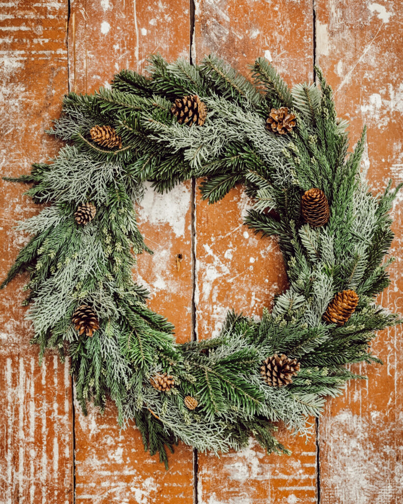 Evergreen wreath with pine cones on wooden door for early Christmas decor.