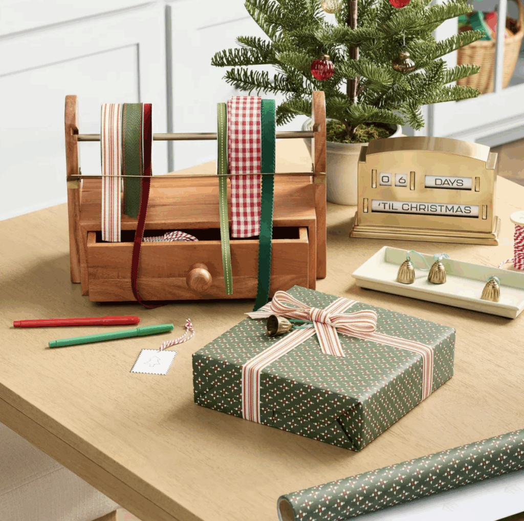 Hearth & Hand with Magnolia holiday collection 2025 with vintage inspired wrapping apper and velvet ribbon.