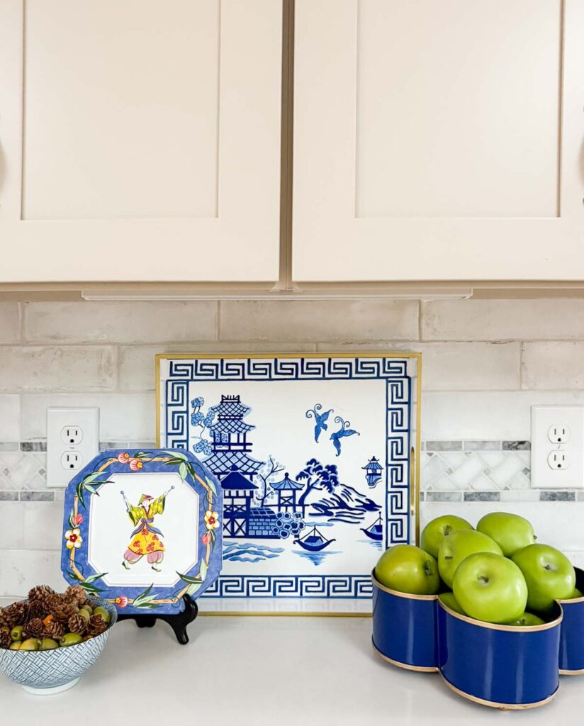 Weekly Wednesday Wish List #225 Worthing Court kitchen counter with blue and white decorations.
