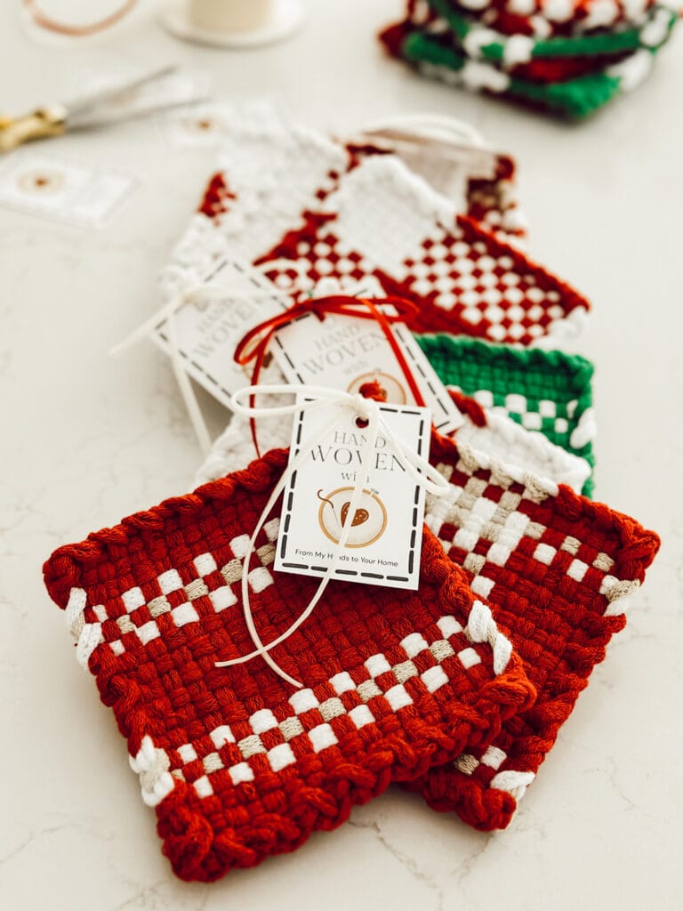 DIY handmade Christmas gifts include these woven potholders for the kitchen.