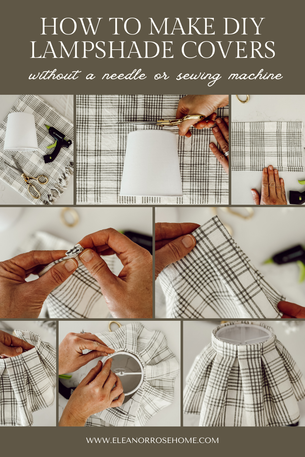 Pinterest graphic how to make DIY no-sew pleated lampshade covers.
