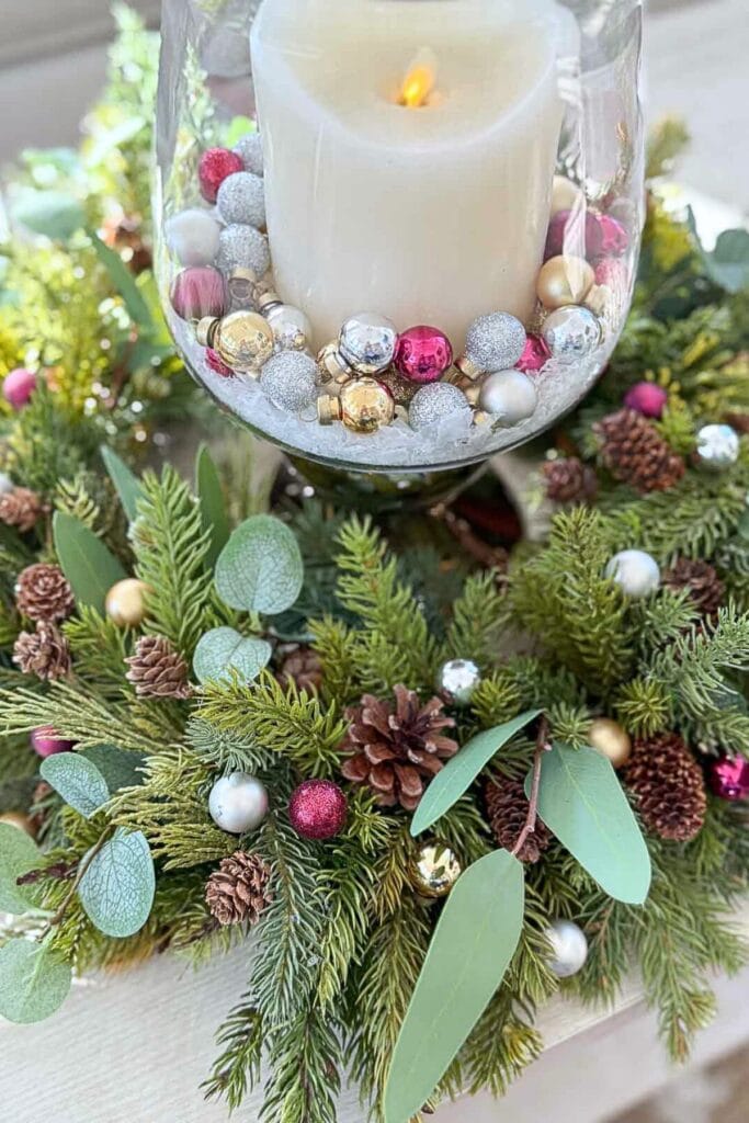 Weekly Wednesday Wish List #234 StoneGable candle centerpiece with sparkly ornaments.