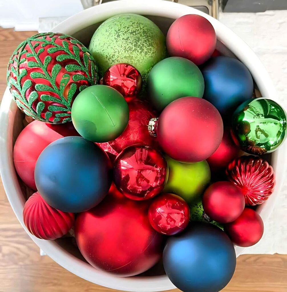 Weekly Wednesday Wish List #234 bowl of red, green, and blue Christmas ornaments.