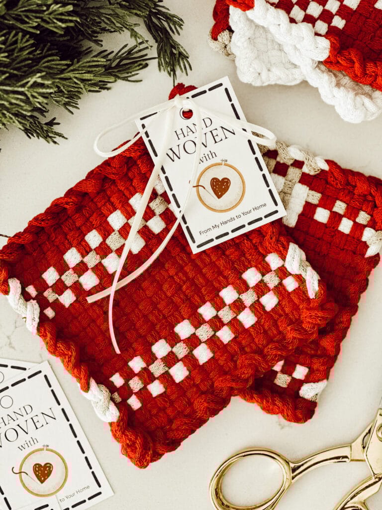 Woven potholders with printable gift tags for holiday gift giving.