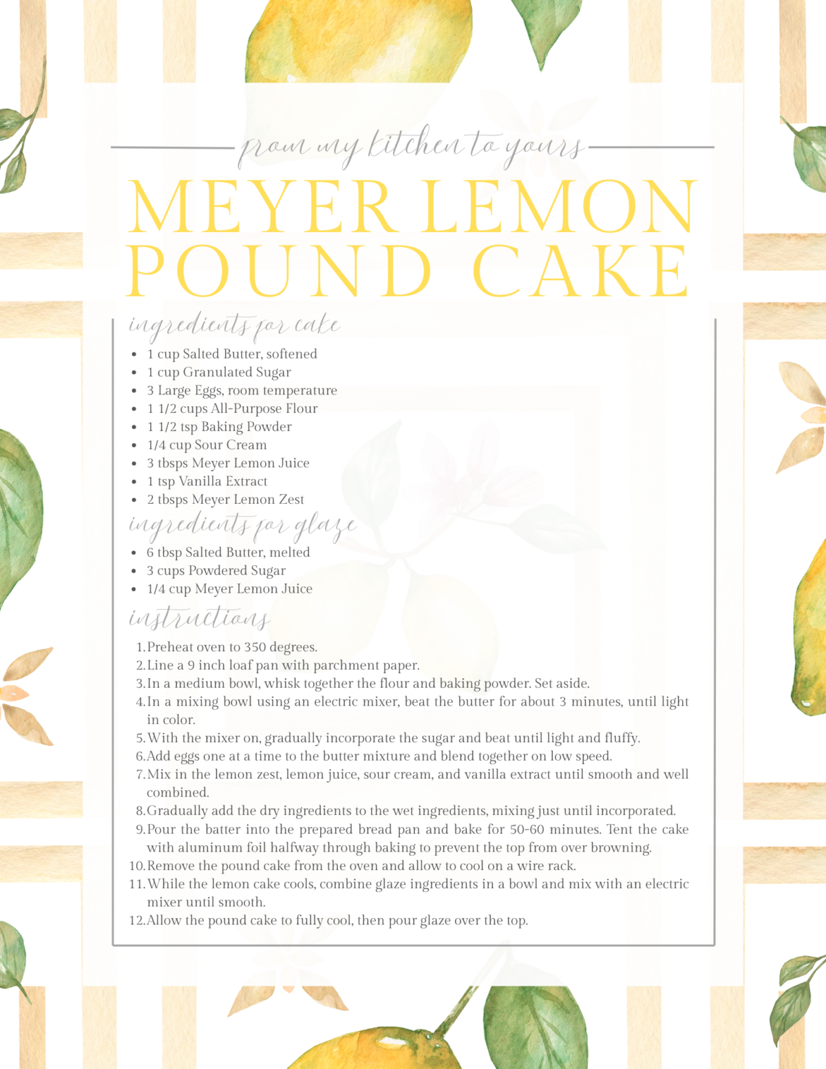 Meyer lemon pound cake recipe to print and hang in your kitchen for cozy spring decor.
