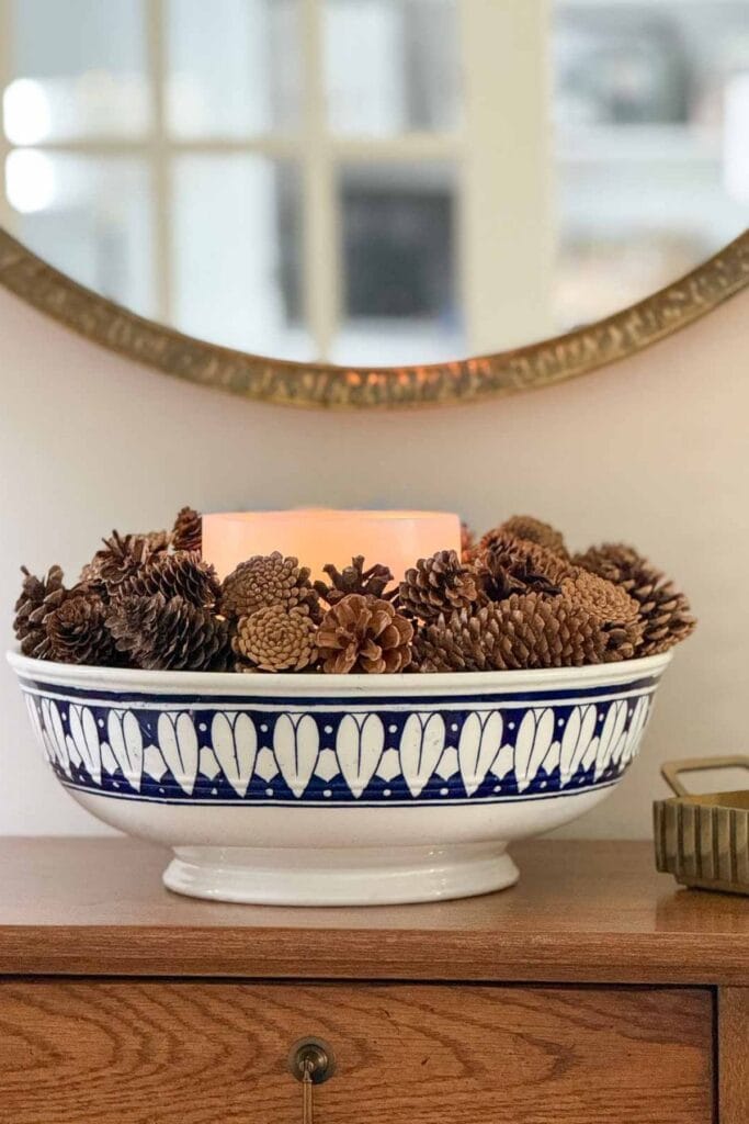 Weekly Wednesday Wish List #239 StoneGable bowl of pinecones with a candle in the middle.