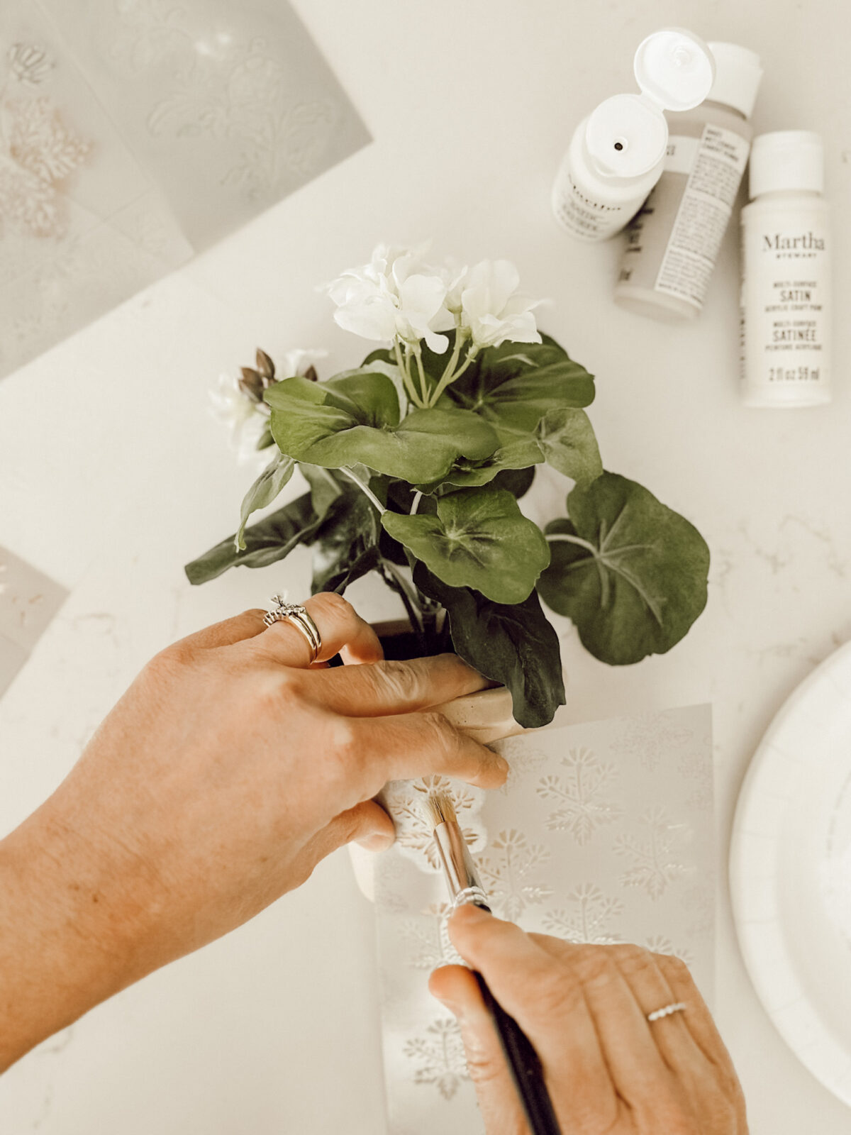 Using a paintbrush, dab the acrylic paint onto the flower pot to apply the stencil.