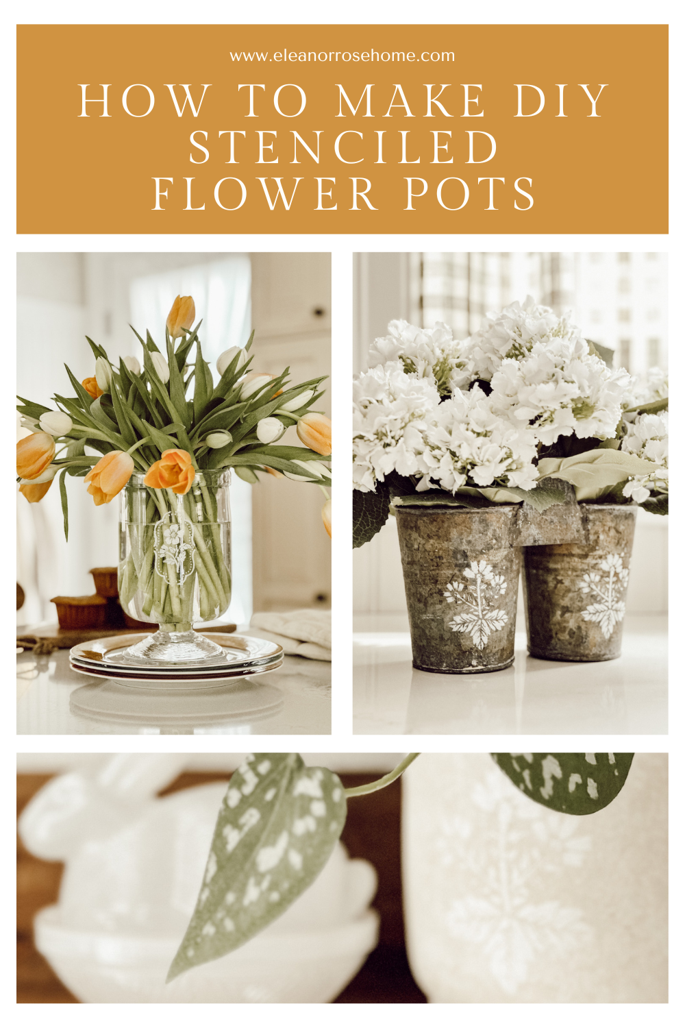 Pinterest graphic how to make a DIY stenciled flower pot with stencils and acrylic paint.