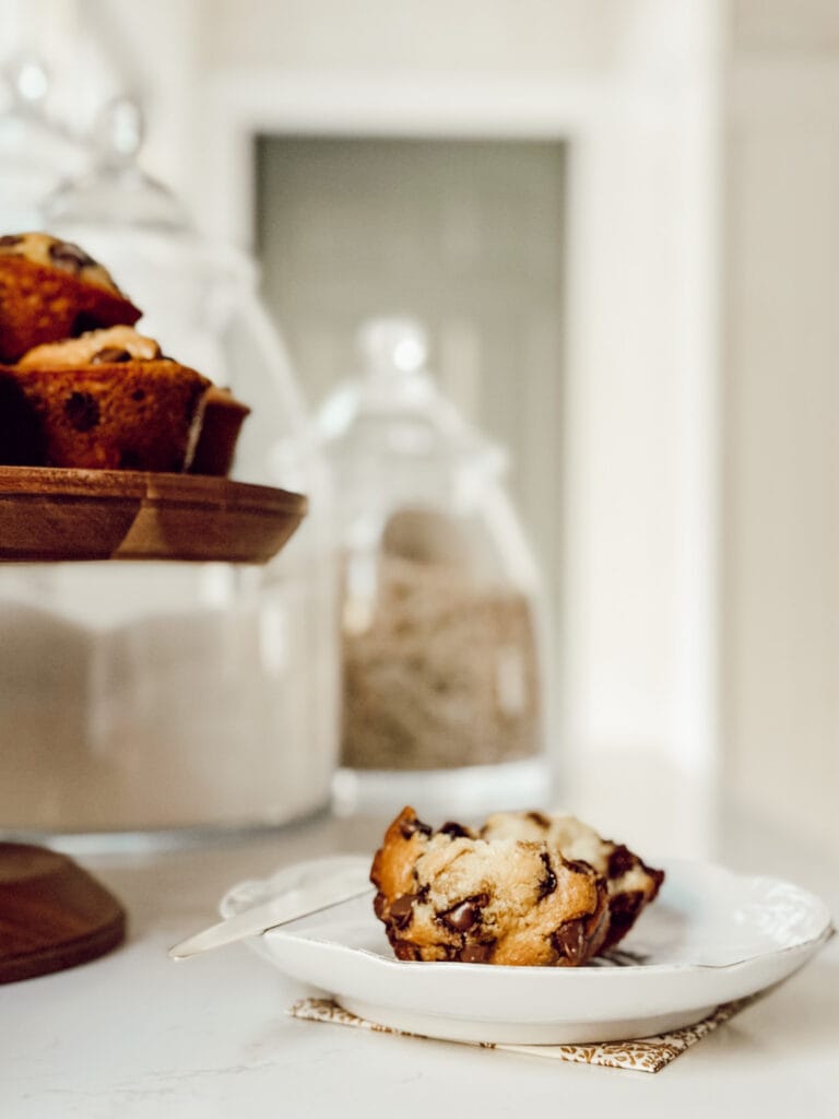 Midwinter home refresh in the kitchen with a stand of chocolate chip muffins.