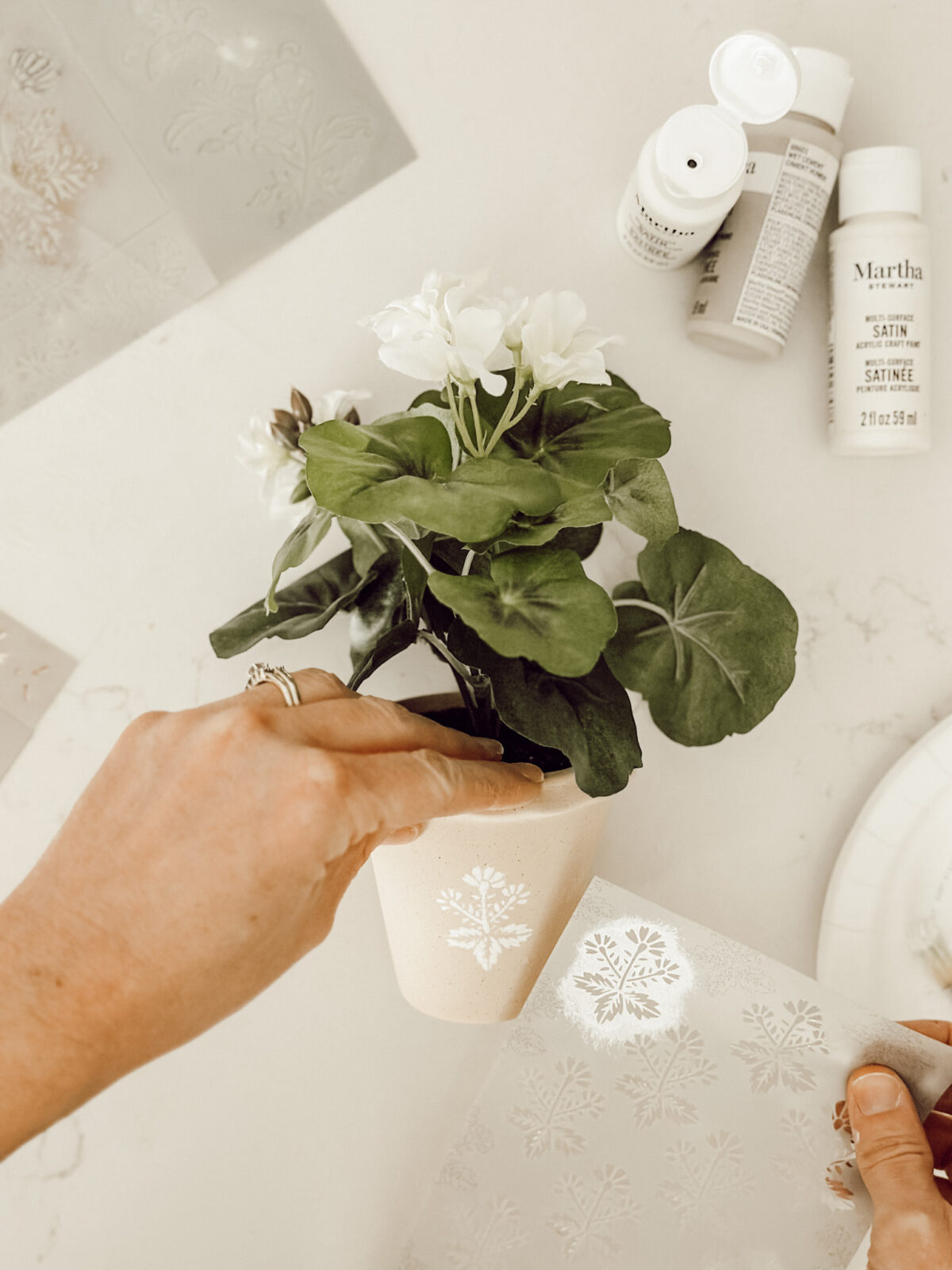 Remove stencil from the flower pot to reveal the stenciled design.