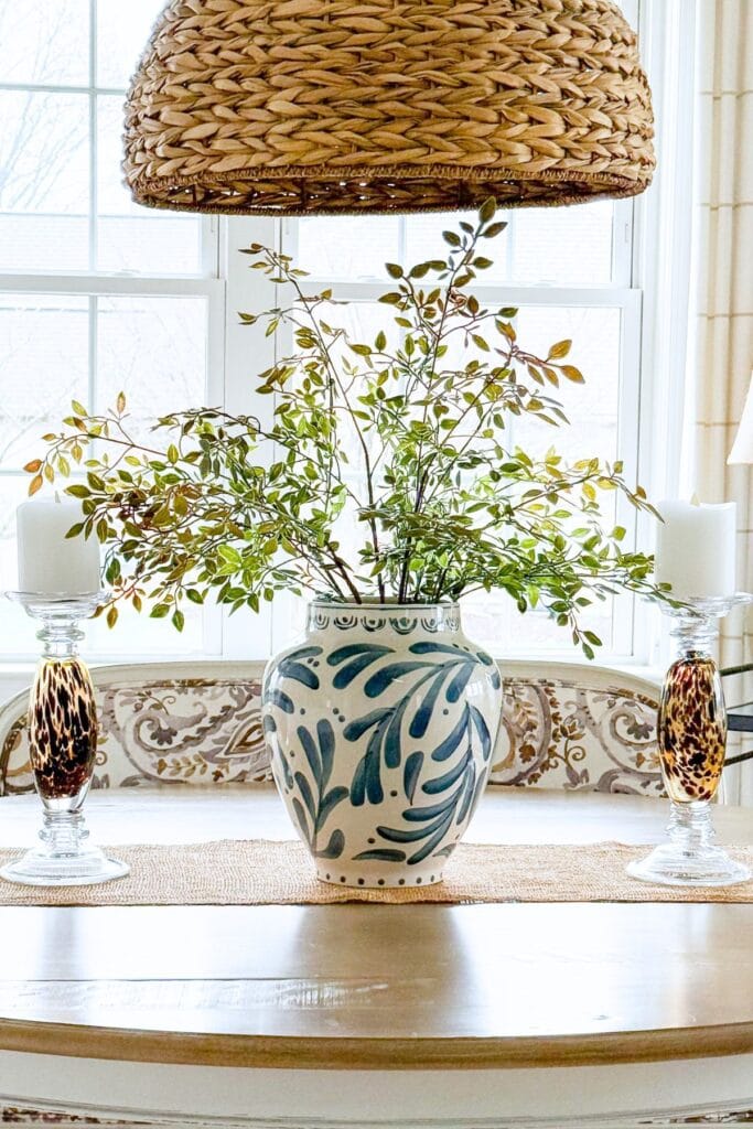 Weekly Wednesday Wish List #246 StoneGable blue and white vase with spring stems inside.